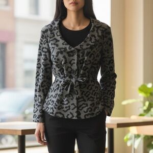 Sandro Gray And Black Leopard Print Waist Tie Button Down Jacket
